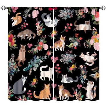 Imagem de Cortinas de gato fofas engraçadas com estampa floral de gatinho para meninas, crianças, adolescentes, amantes de gatos, quarto, sala de estar, conjunto de tecido, 2 painéis, 106 x 113 cm, taxa de