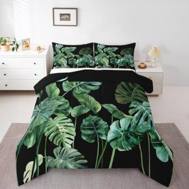 Imagem de jejeloiu Conjunto de edredom Queen com folhas tropicais botânicas e de folhas tropicais para meninos e meninas, verão, plantas verdes, natureza, preto, edredom para decoração de quarto