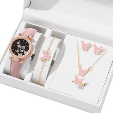 Imagem de YUELER 6 pçs/conjunto de relógios de luxo femininos anéis colar brincos conjunto pulseira de couro borboleta relógios senhora relógio de pulso