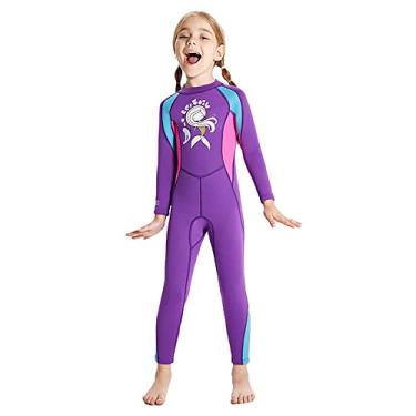 Imagem de ILAVSUN Roupa de mergulho infantil para meninas - 2,5 mm neoprene corpo inteiro roupa de banho térmica molhada manga longa maiô peça única zíper traseiro manter quente para mergulho, mergulho, natação, surfe, esportes em água fria, P roxo