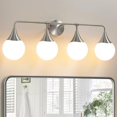 Imagem de HAHZT Luminárias de banheiro para banheiro: 4 luzes de iluminação moderna de banheiro de meados do século sobre espelhos - Arandela de parede de níquel escovado com persianas de esfera de vidro
