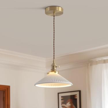 Imagem de Magiroz Luminária pendente branca e dourada moderna nórdica suspensa luminária de teto vintage ajustável único latão escovado opala vidro luzes pendentes cozinha ilha lustre de cerâmica MPL16D