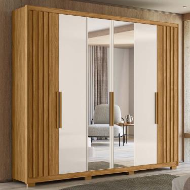 Imagem de Guarda Roupa Casal Grande com Ripado e Espelho 260x230cm Araguaia Moval Cor:Freijó/Off White