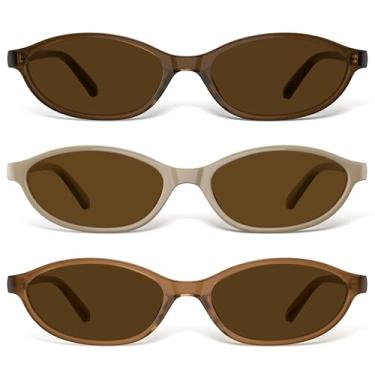 Imagem de phikttu Óculos de sol retrô ovais olho de gato para mulheres Y2K vintage armação pequena leve estreita moderna proteção UV pacote com 3, Marrom + cáqui + marrom gelatinoso, One Size