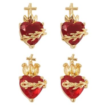 Imagem de Craftora 4 peças de pingentes de coração vermelho banhado a ouro 18K cristal gótico coração sagrado com pingentes de cruz para brincos, colar, pulseira, joias, 20,5 x 11,5 x 9 mm