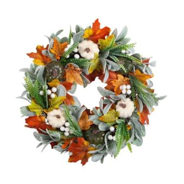 Imagem de KiBcsLic Guirlanda de outono para porta da frente, abóboras de espuma, 18 polegadas, guirlanda de colheita de ação de graças, folhas de bordo artificiais para