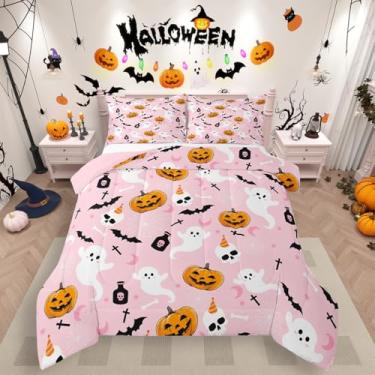 Imagem de Erosebridal Jogo de cama solteiro com estampa de morcego de abóbora, laranja, vintage, decoração de Halloween, para crianças, meninos, meninas, adultos, temática de festival feliz