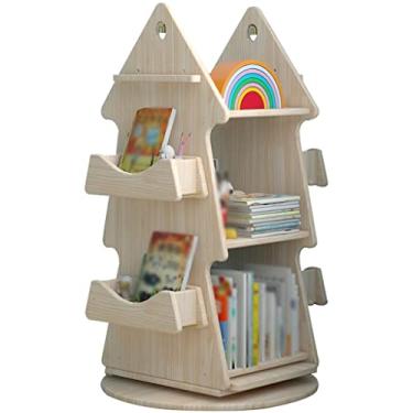 Imagem de Prateleiras de livros para quarto, suporte de livros de madeira de pinho multicamadas, rotação de 360°, prateleiras simples para livros ilustrados, organizador de livros de 3 camadas de grande