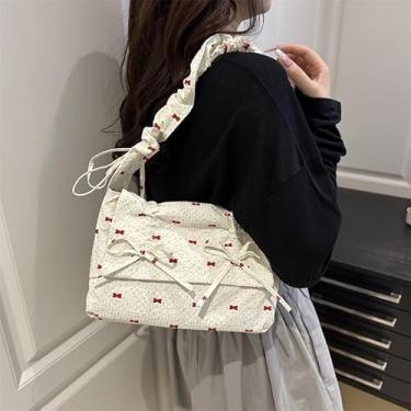 Imagem de Bolsa de ombro feminina com laço, bolsa axila de lona floral, bolsa transversal plissada moderna, bolsa tiracolo leve estilo vintage, Branco, Bolsas transversais