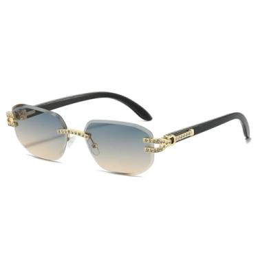 Imagem de Óculos de sol femininos luxuosos, sem armação, com gradiente, personalidade, design de armação de diamante, óculos casuais masculinos, UV400 (dourado, azul e amarelo)