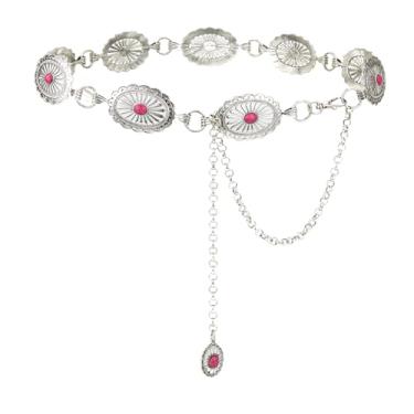 Imagem de ILuvatar Cinto feminino de metal prateado ocidental – estilo vaqueira ajustável com turquesa, margarida aberta e pedras rosa incrustadas, ideal para vestidos/jeans, shows country e roupas boho