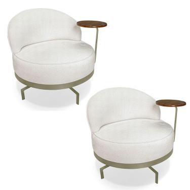 Imagem de Kit 2 Poltronas Decorativa Andromeda Linho Bouclê Base Giratória De Ferro - Pallazio Cor Bege Pérola