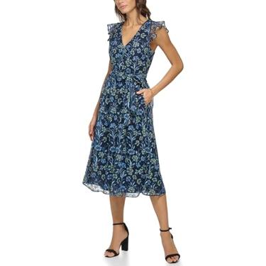Imagem de kensie Vestido midi feminino bordado com manga esvoaçante, Azul marinho/verde, 46