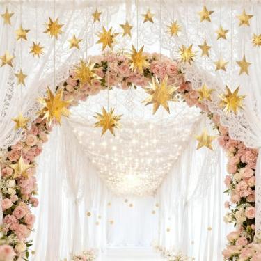 Imagem de 4 peças de ouro decoração de festa estrela guirlanda fita dourada 3D estrela metálica faixas penduradas para aniversário, casamento, bebê, noiva, chá festival, Natal, Ramadã, Eid al-fitr Mubarak
