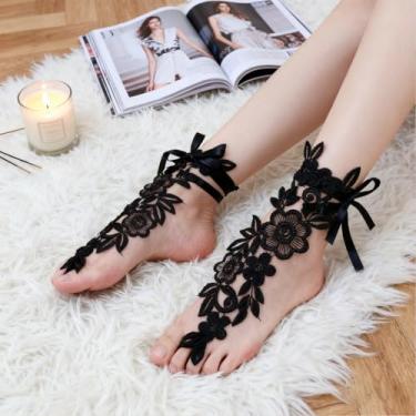 Imagem de Tornozeleiras femininas com anel de dedo do pé, sandálias descalços bordadas de renda para festivais e ocasiões especiais, acessórios de joias para pés