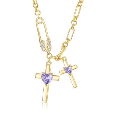 Imagem de SilvecFantasy Colar de cruz de ouro para mulheres, pingente de cruz dupla de 14 K, pino de segurança delicado, 2 pedras do nascimento, clipe de papel, corrente de fé, joias modernas, presentes