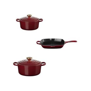 Imagem de KIT LE CREUSET 2 PANELAS REDONDAS 20 E 24CM GRELHA QUADRADA 26CM EM FERRO ESMALTADO VERMELHO RHONE