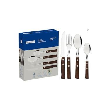 Imagem de Conjunto 24 Peças Talheres Cabo Tipo Madeira, Aço Inox, 6 Garfos, 6 Facas Churrasco, 6 Colheres Mesa, 6 Colheres Sobremesa