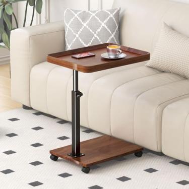 Imagem de Mesa lateral em forma de C com rodas, mesa de canto moderna em C para sofá e cama, mesas de sofá pequenas que deslizam por baixo, mesa de canto de madeira em forma de C para sofá, mesa de café C para