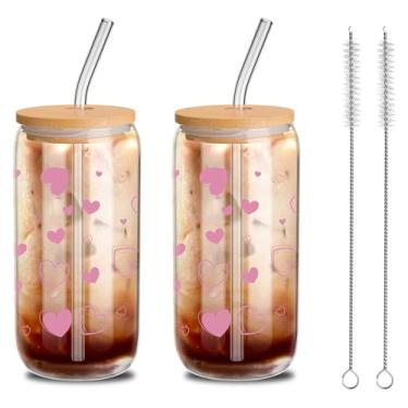 Imagem de Yetene Pacote com 2 xícaras de café gelado com corações de 473 ml, copos de vidro para Dia dos Namorados com tampas de bambu e canudos, copo de coração para mãe, esposa, mulheres, casamento,