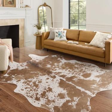 Imagem de Tapete de couro sintético de vaca 1,4 x 1,6 m, couro sintético para sala de estar, quarto, sala de jantar, escritório, tapete de vaca marrom ocidental para decoração de casa - SEM pele