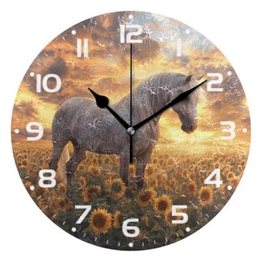 Imagem de JUZIHAI Relógio de parede com cavalo, girassóis, silencioso, redondo, sem tique-taque, operado por bateria, fácil de ler, relógio decorativo de parede para casa, cozinha, sala de estar, quarto