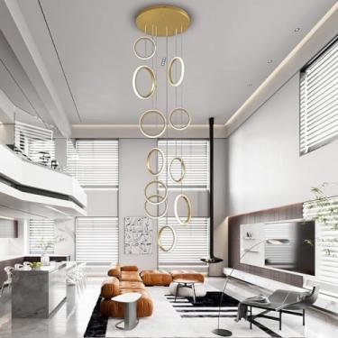 Imagem de Lustre moderno grande para escada, luminária pendente com 15 luzes LED, anel de alumínio dourado criativo, luminária de escada para hall de entrada de casa, luminária embutida para teto alto