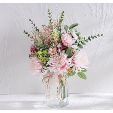Imagem de Flores falsas com vaso, flores rosa de seda artificial em vaso, planta falsa, eucalipto e crisântemo, arranjo de flores para decoração de primavera, decoração de mesa de jantar, decoração de mesa de
