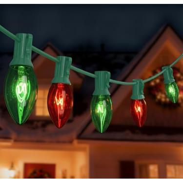 Imagem de Cordão de luzes verdes vermelhas C9 de 7,5 metros para ambientes externos multicoloridos com 26 lâmpadas incandescentes, luz de Natal vintage pendurada para quarto de pátio ao ar livre, árvore de