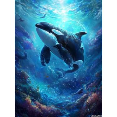 Imagem de UPABLUNSO Kits de arte de diamante Orca, kit de pintura de diamante submarino DIY 5D para adultos, presente de arte feito à mão, presente de decoração de festa festiva, presente para família e amigos