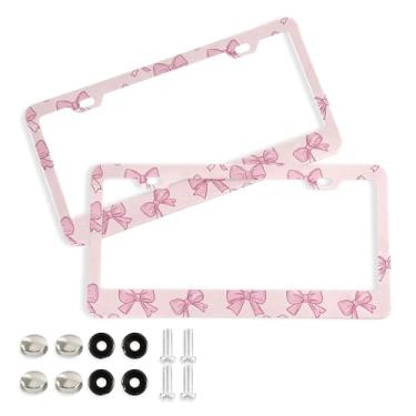 Imagem de SEHANY Lindas molduras de placa de licença de laço rosa, moldura de placa de carro de alumínio à prova de ferrugem com orifícios elípticos e parafusos serve para veículos padrão dos EUA tamanho