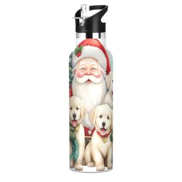 Imagem de Garrafa de água isolada de 590 ml com tampa e alça de palha, garrafa de água escolar a vácuo de parede dupla, copo de aço inoxidável sem BPA, lindos cães brancos de Natal