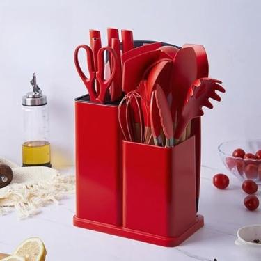 Imagem de Conjunto De Utensílios De Silicone Com Cabo De Madeira E Kit De Facas Com Tábua 19peças(Vermelho)