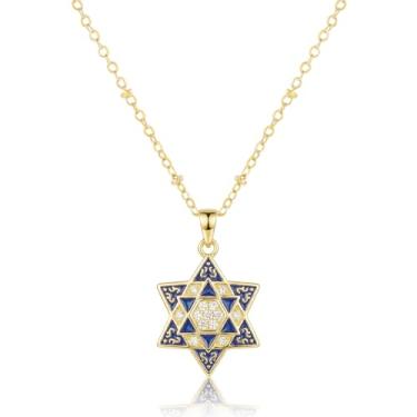 Imagem de Ohmique Colar feminino com estrela de Davi – joia judaica atemporal para mulheres, pingente simbólico da estrela de Davi, corrente hexagonal premium banhada a ouro, corrente de 43 cm + 5 cm, colar