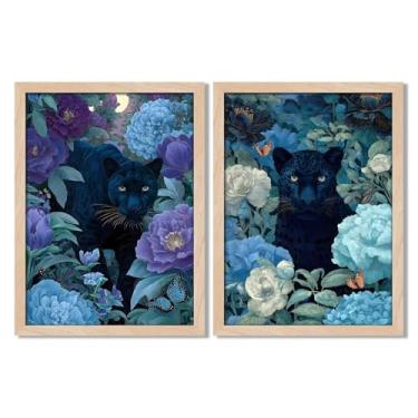 Imagem de Leaf & Lore Arte de parede em tela floral Pantera Negra, conjunto de 2 impressões emolduradas em madeira natural, tema botânico azul e roxo, 30,5 x 40,6 cm, decoração moderna pronta para pendurar para