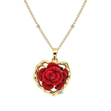 Imagem de OIDEA Colares de rosa para mulheres: Colar com pingente de flor de rosa vermelha de zircônia cúbica dourada amor eterno, promessa de dia dos namorados, joias de aniversário presentes para sua esposa e