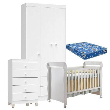 Imagem de Quarto De Bebê 3 Portas Com Gaveteiro Ternura Baby E Berço Mirelle Branco Brilho Com Colchão - Incorplac