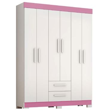 Imagem de Guarda Roupa Casal Juvenil Líbano 6 Portas de Bater 2 Gavetas MDP Branco - Rosa Notável...