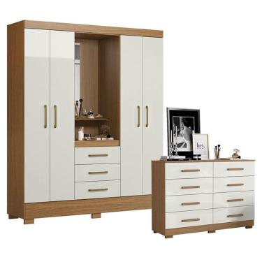 Imagem de Cômoda e Guarda Roupa Solteiro Paris 2045150 4 Portas de Bater 11 Gavetas em MDP Modern...