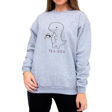 Imagem de Moletom Careca Moleton Feminino Casual Estampado Dinossauro Tea Rex cha Gola Redonda Sem Capuz-Feminino