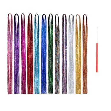 Imagem de Aplique de cabelo,47 Polegadas Kit Extensão de Cabelo Tinsel com Ferramenta 12 Cores Misturadas 2400 Fios Extensão de Cabelo Tinsel Kit Extensões de Cabelo Glitter para Mulheres Meninas Acessórios de Cabelo para Natal