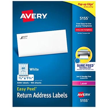 Imagem de Avery Etiquetas de endereço de retorno com Sure Feed para impressoras a laser, 2/3" x 1-3/4", 6.000 etiquetas, adesivo permanente (5155), branco