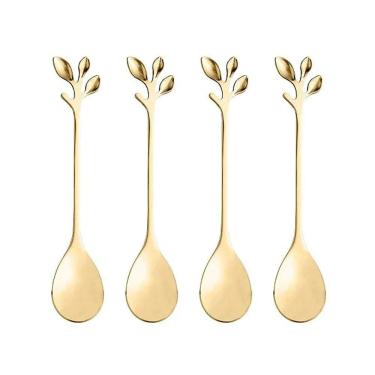 Imagem de Conjunto 4 Colheres Flor Aço Inox para Café / Chá Dourado Ouro