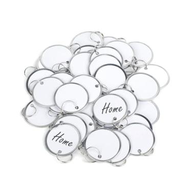 Imagem de Uniclife Etiquetas de chave de aro de metal, etiquetas de chaveiro redondas de 3,8 cm, etiquetas de papel branco graváveis com bordas de metal e anéis divididos, identificadores de item chave leve e