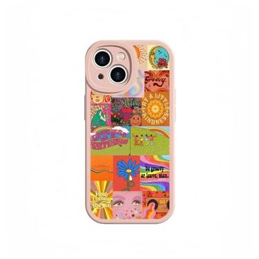 Imagem de KANKENLU Linda capa de telefone hippie groovy indie colagem para iPhone 14, capa estética retrô dos anos 70 Vibe para adolescentes e mulheres, TPU macio à prova de choque capa de couro vegano rosa
