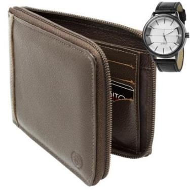 Imagem de Carteira Masculina De Couro Legítimo Genuíno Zíper + Relógio Masculino Estiloso-Masculino