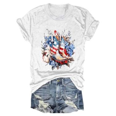 Imagem de Camiseta feminina dos EUA camisetas americanas listras estrelas bandeira americana jeans femininas vermelhas e azuis, Branco, P