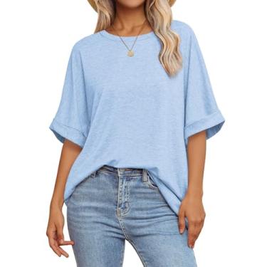 Imagem de ATHMILE Camisetas femininas grandes folgadas gola redonda manga curta verão casual blusa 2024 Y2K, Azul gelo, 3G