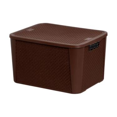 Imagem de Caixa Organizadora Grande Com Tampa Rattan Retangular 42L Multiuso Plástico Café Decoração