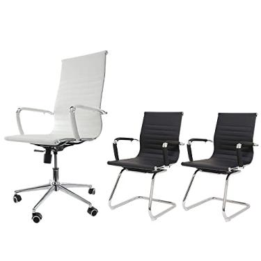 Imagem de Kit Cadeira Presidente Stripes Branca + 2 Cadeiras Diretor Stripes Preta, Conjunto Ergonômico para Escritório, Base Cromada